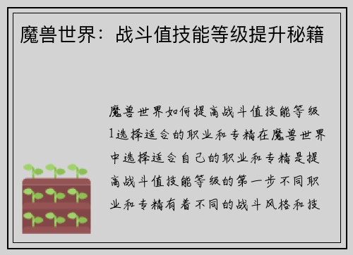 魔兽世界：战斗值技能等级提升秘籍